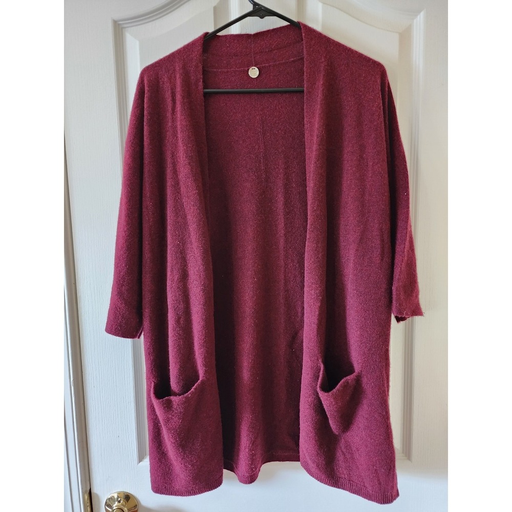 Margaret O'Leary 100% Cashmere Open Front Cardigan Burgundy Wine Pockets M